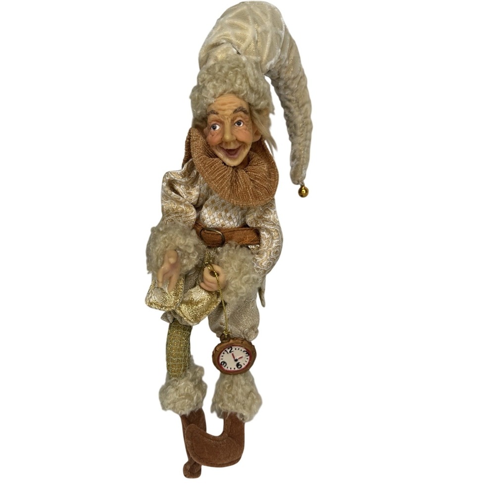 Christmas Elf Fairy Doll Figure Gold Cream Jester Hat Clock Holiday Decor 10"